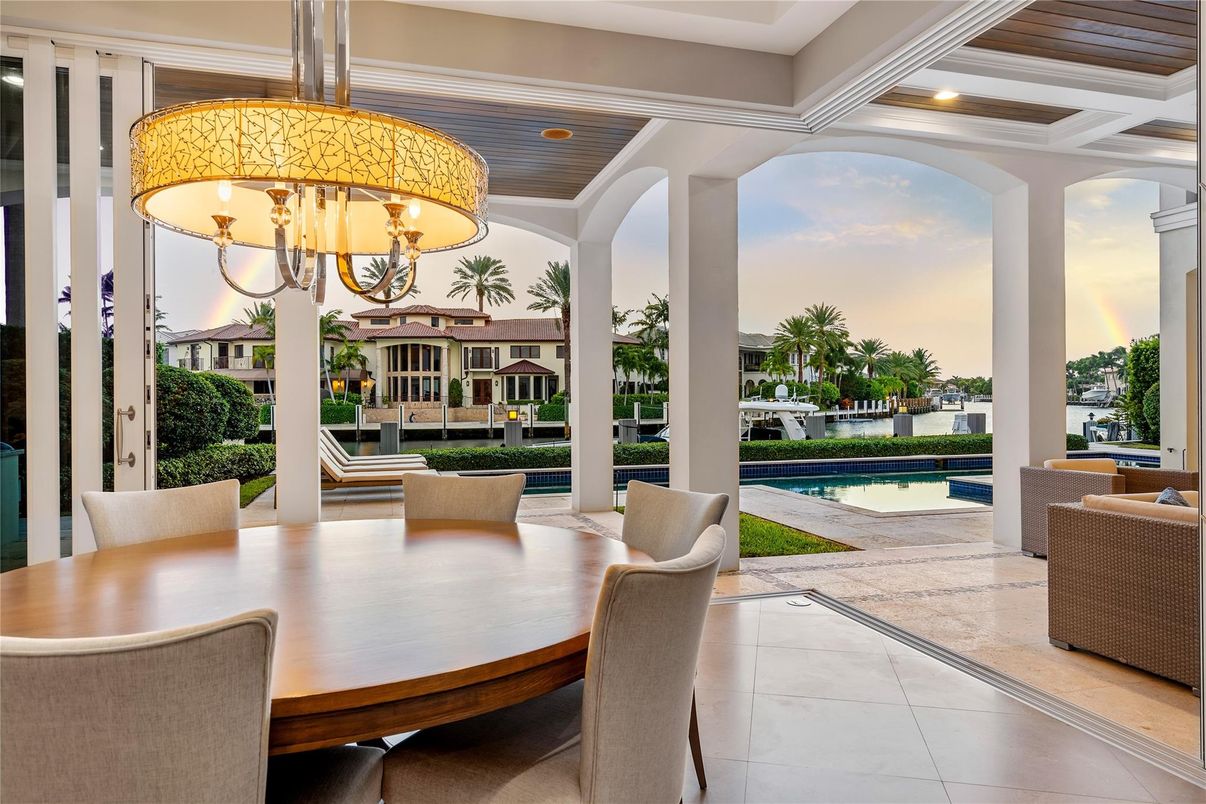 Chandelier, Dining room, Interior, Pool