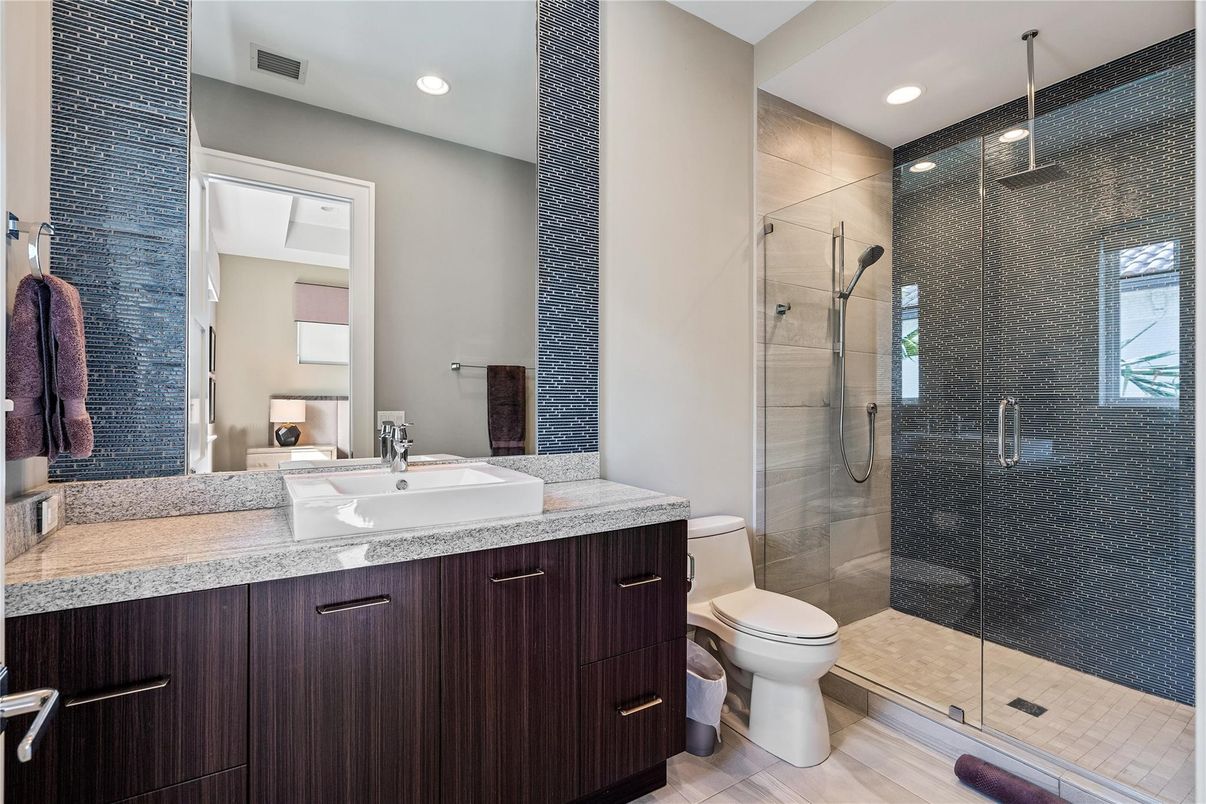 Bathroom, Glass Shower, Interior, Recessed Lighting, Wood Texture Flooring