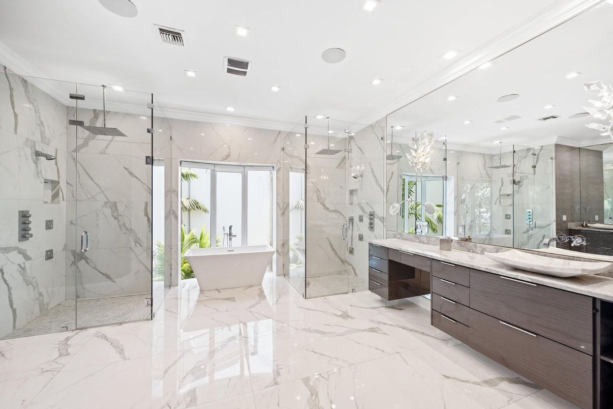 Bathroom, Dual Sink Vanities, Free Standing Baths, Glass Shower, Interior, Marble, Marble Walls, Recessed Lighting