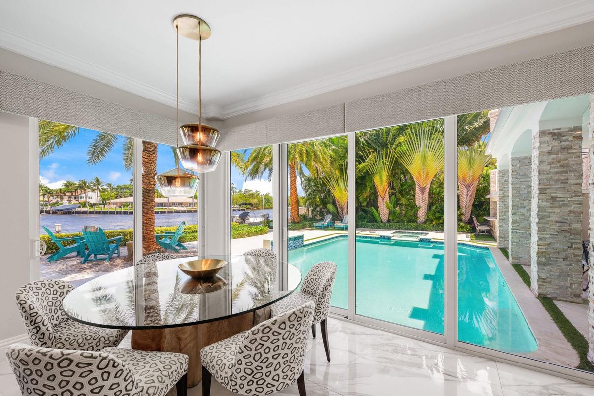 Dining room, Interior, Marble, Pendant Lights, Pool, Water