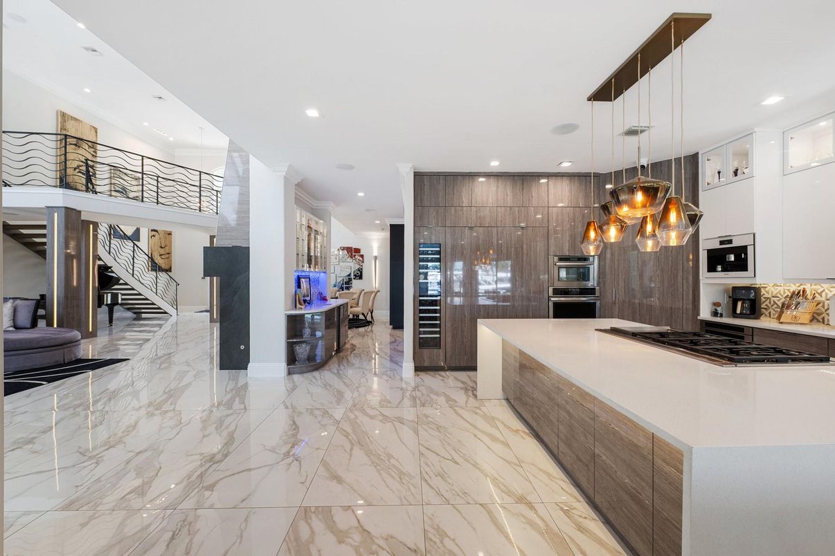 Interior, Kitchen, Marble, Pendant Lights, Recessed Lighting, Stainless Steel Appliances