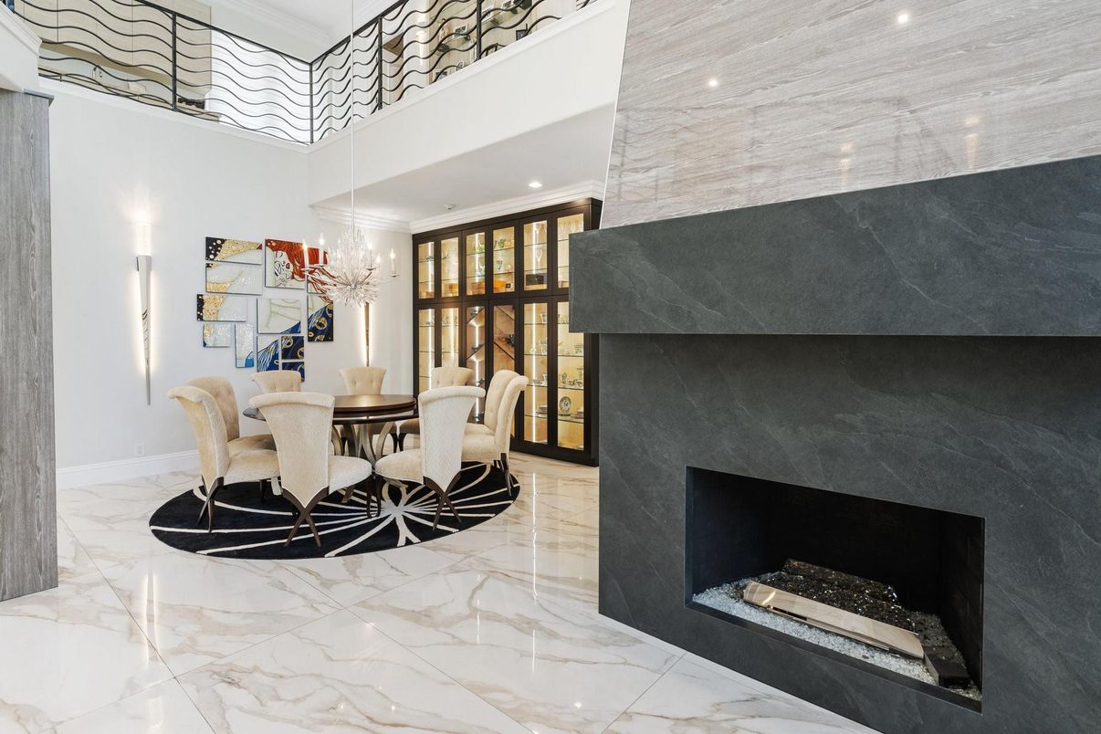 Chandelier, Dining room, Fireplace, Interior, Marble, Recessed Lighting