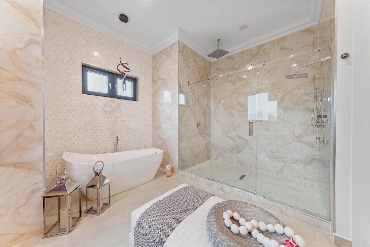 Bathroom, Free Standing Baths, Glass Shower, Interior, Marble Walls
