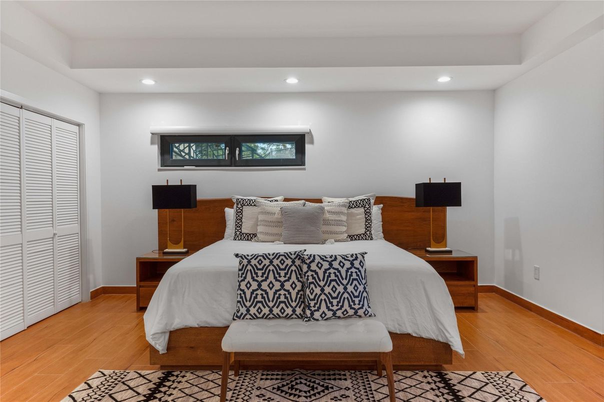 Bedroom, Interior, Recessed Lighting, Wood Texture Flooring