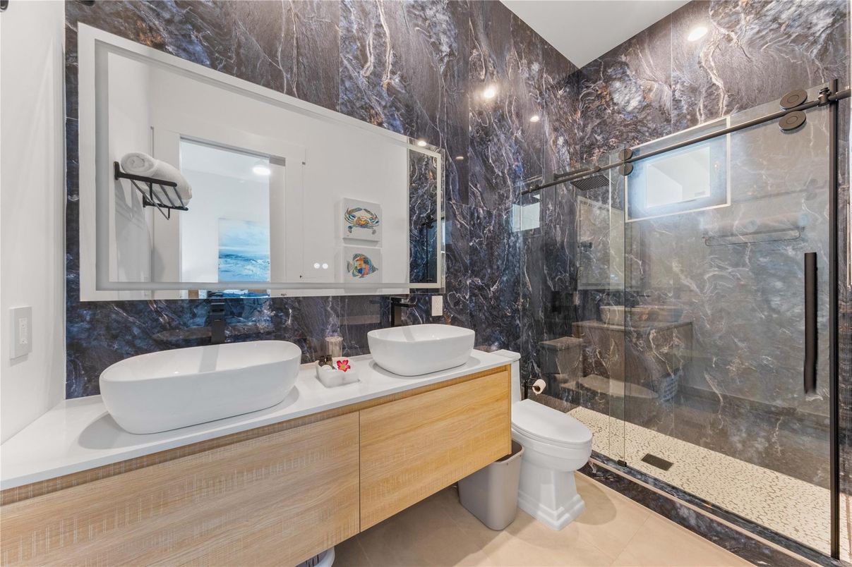 Bathroom, Dual Sink Vanities, Glass Shower, Interior, Marble Walls