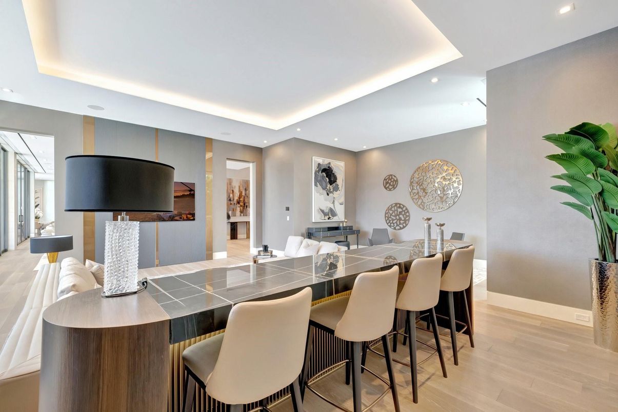 Dining room, Interior, Recessed Lighting, Wood Texture Flooring