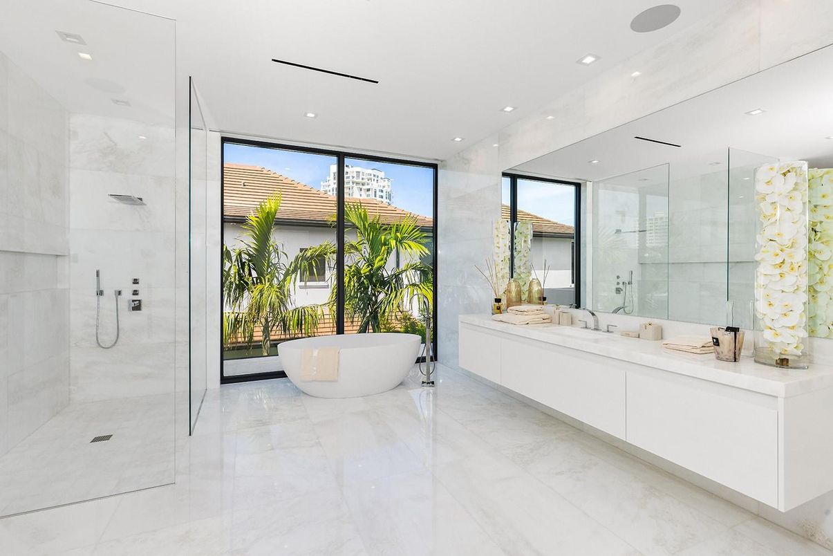 Bathroom, Dual Sink Vanities, Free Standing Baths, Glass Shower, Interior, Marble, Marble Walls, Recessed Lighting
