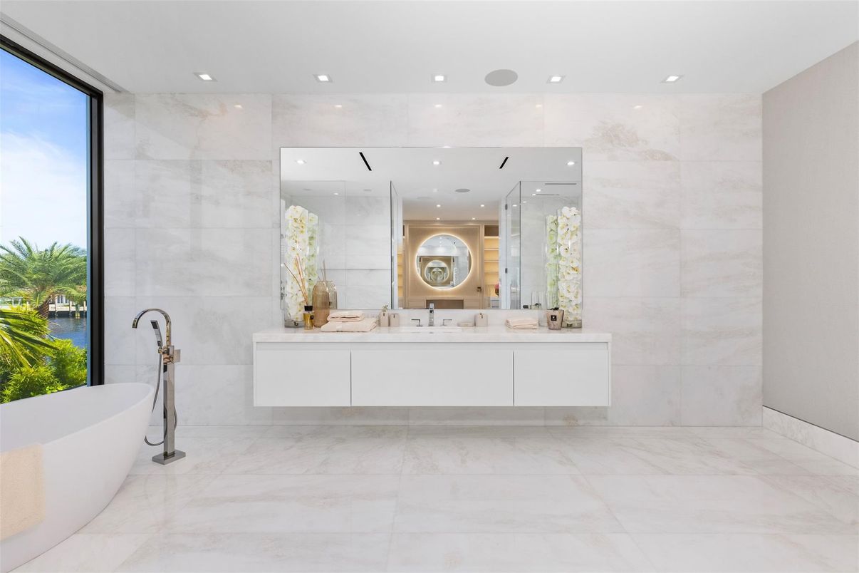 Bathroom, Dual Sink Vanities, Free Standing Baths, Interior, Marble, Marble Walls, Recessed Lighting