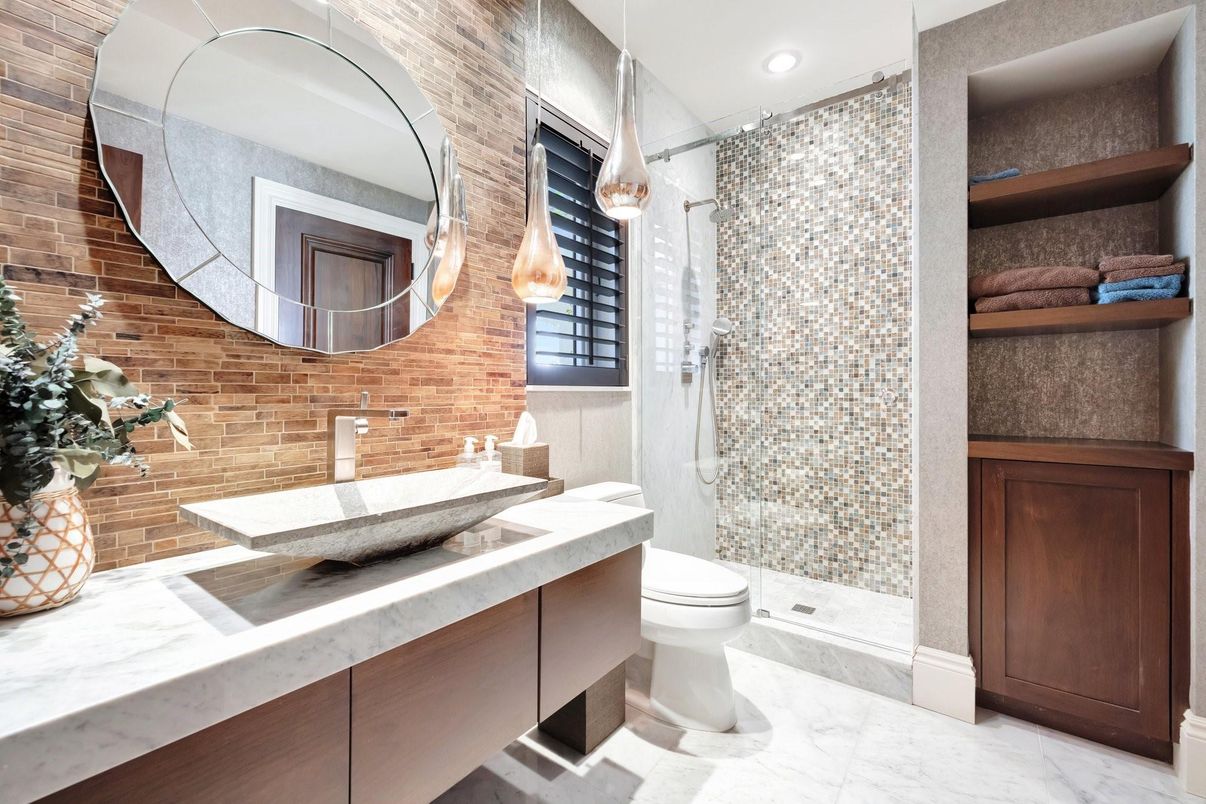 Bathroom, Glass Shower, Interior, Marble, Recessed Lighting