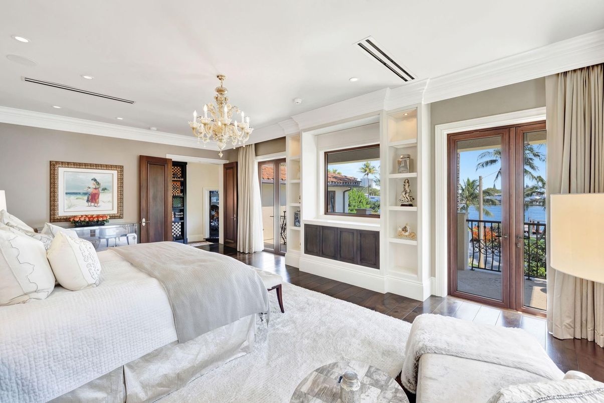 Bedroom, Chandelier, Interior, Recessed Lighting, Water, Wood Texture Flooring