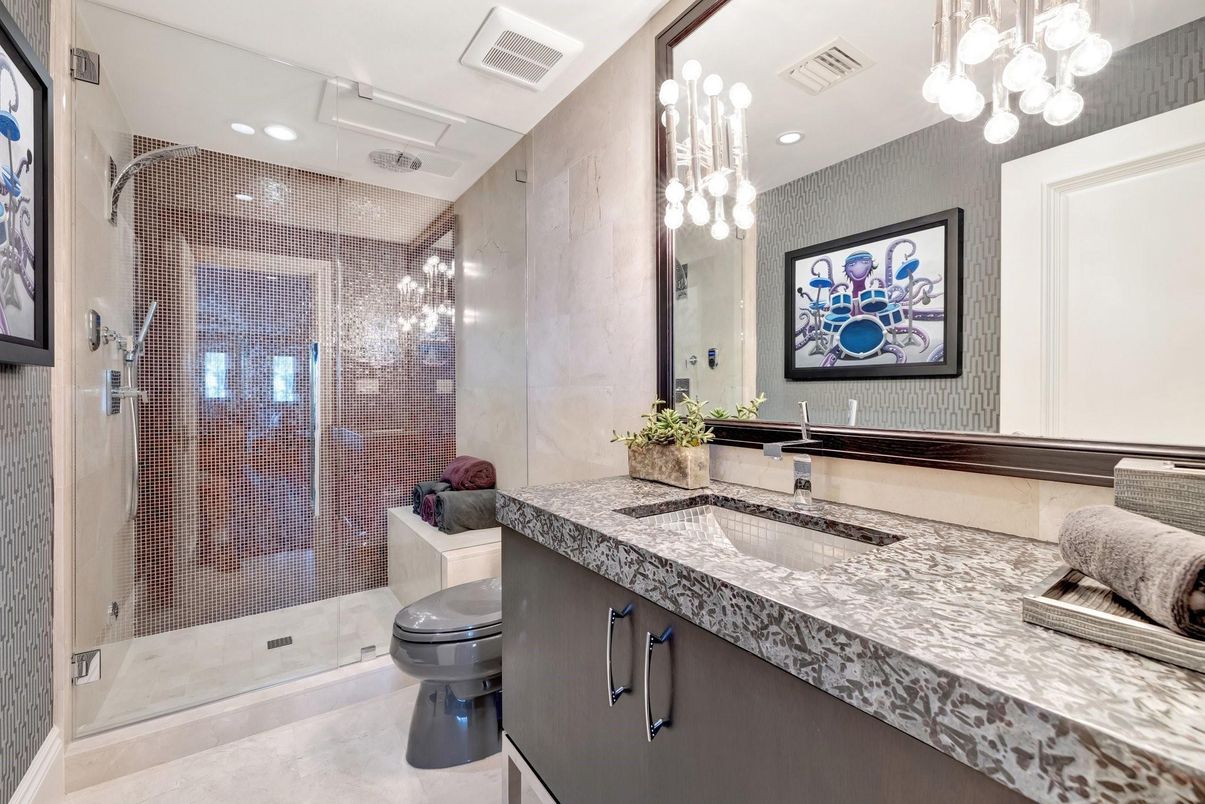 Bathroom, Glass Shower, Interior, Pendant Lights, Recessed Lighting