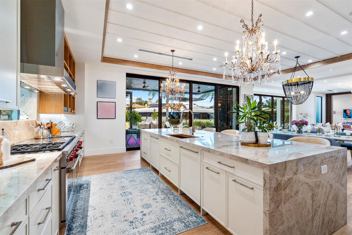 Chandelier, Interior, Kitchen, Pendant Lights, Recessed Lighting, Wood Texture Flooring