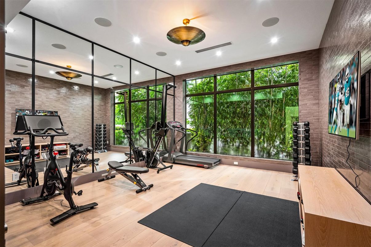 Fitness Equipment, Interior, Recessed Lighting, Stone Walls, Wood Texture Flooring