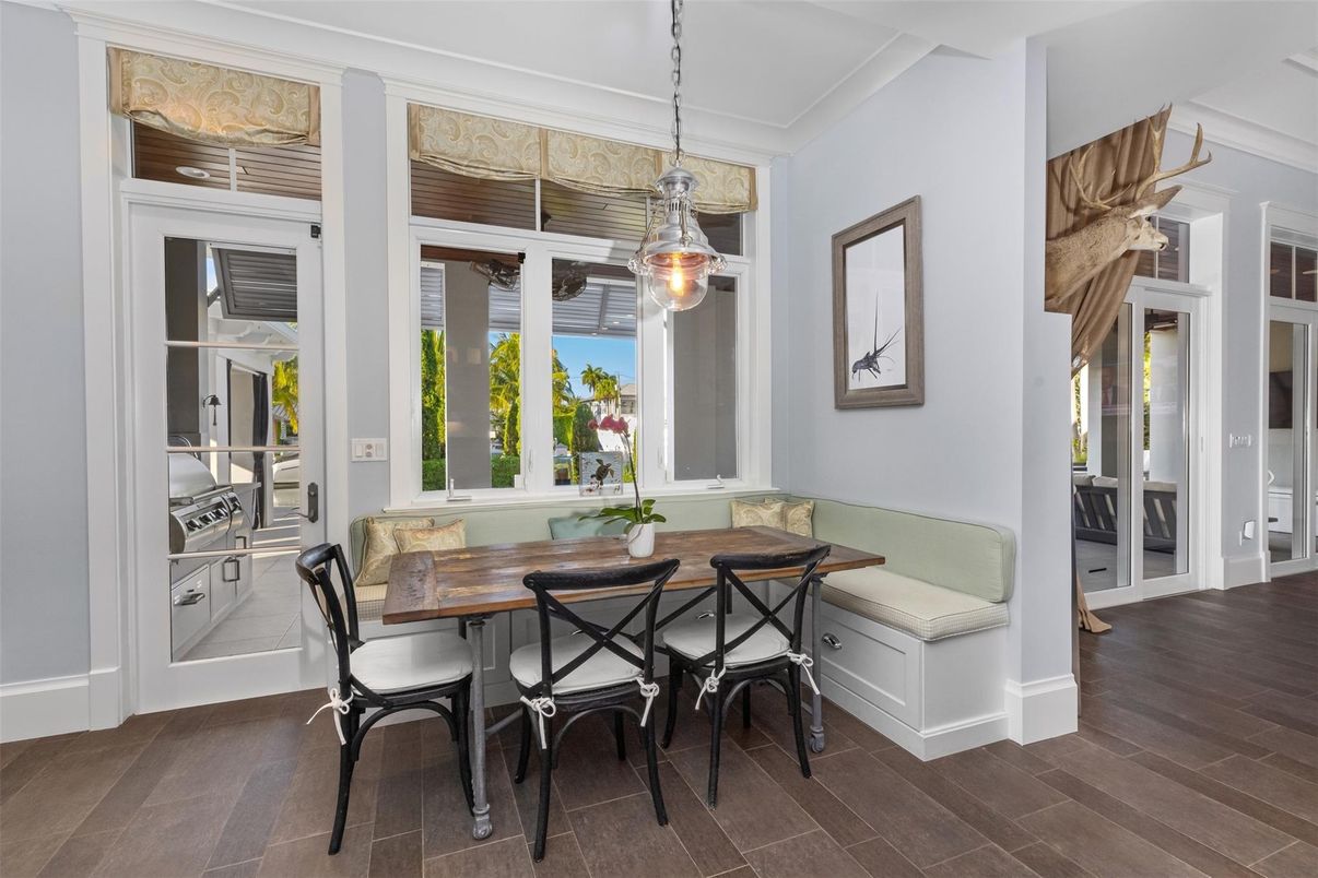 Dining room, Interior, Pendant Lights, Wood Texture Flooring