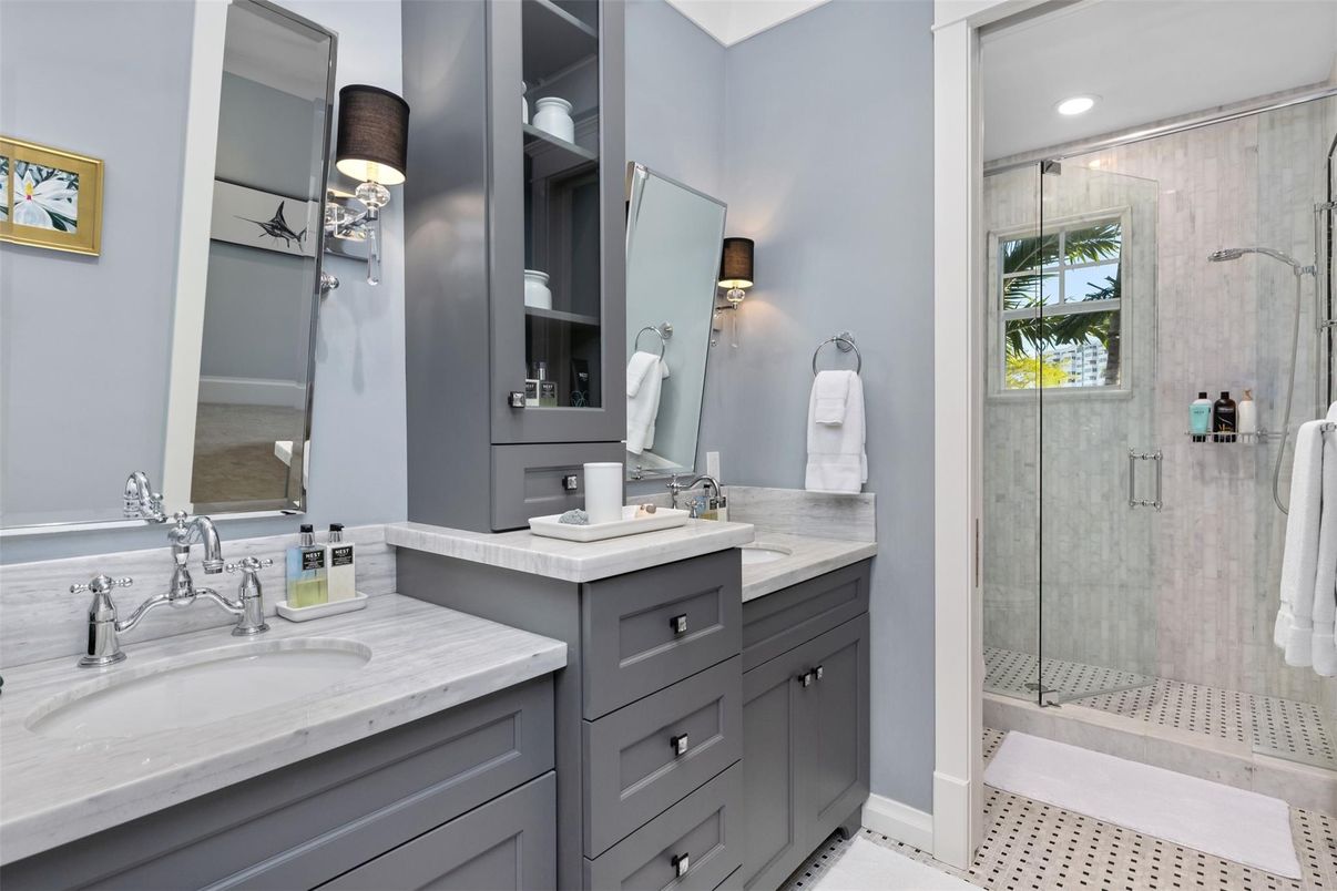Bathroom, Dual Sink Vanities, Glass Shower, Interior, Recessed Lighting