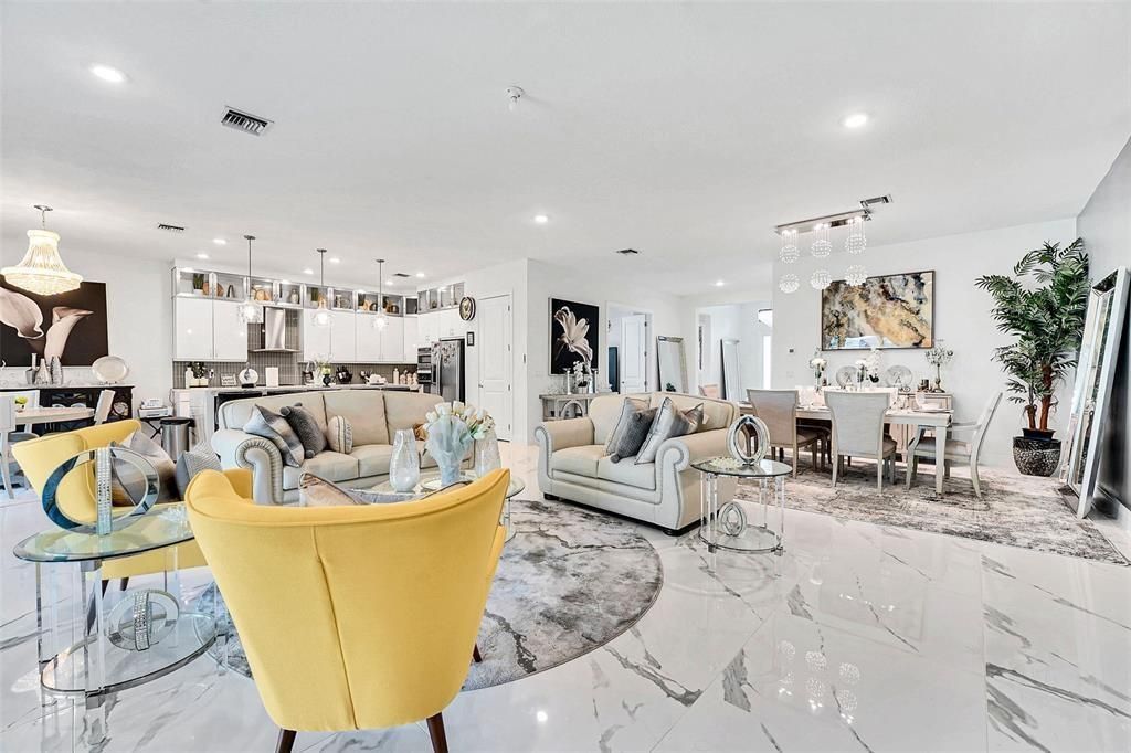 Dining room, Interior, Kitchen, Living room, Marble, Pendant Lights, Recessed Lighting, Stainless Steel Appliances