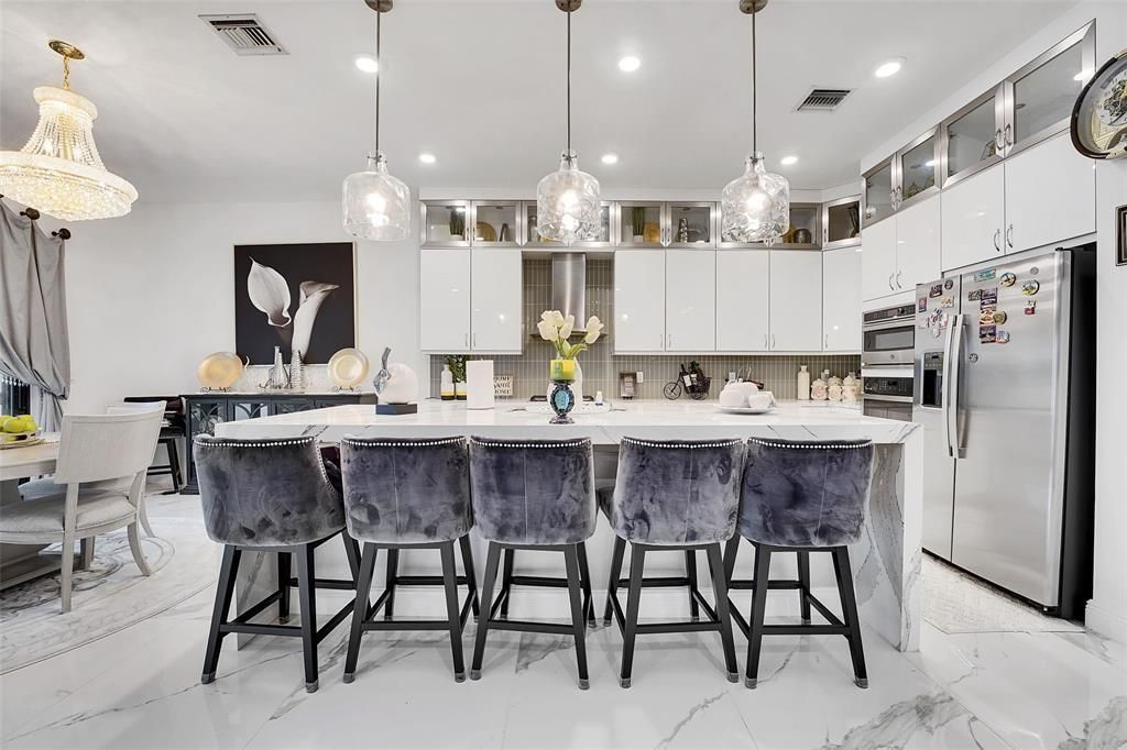 Interior, Kitchen, Marble, Pendant Lights, Recessed Lighting, Stainless Steel Appliances