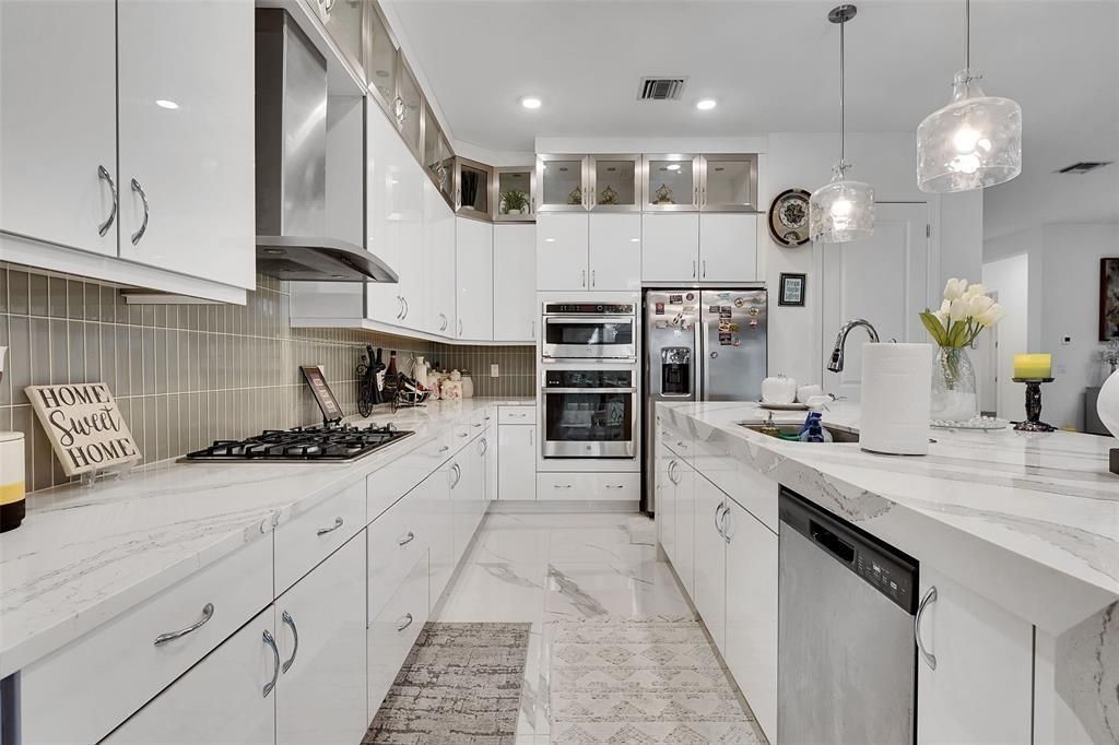 Interior, Kitchen, Marble, Pendant Lights, Recessed Lighting, Stainless Steel Appliances