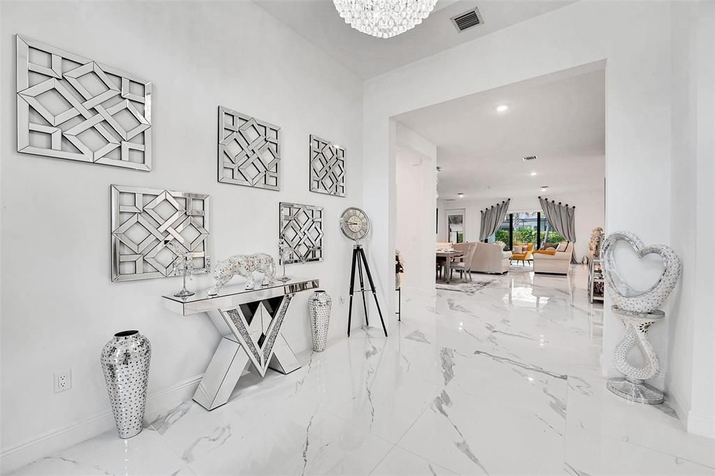 Chandelier, Home Office, Interior, Marble, Recessed Lighting