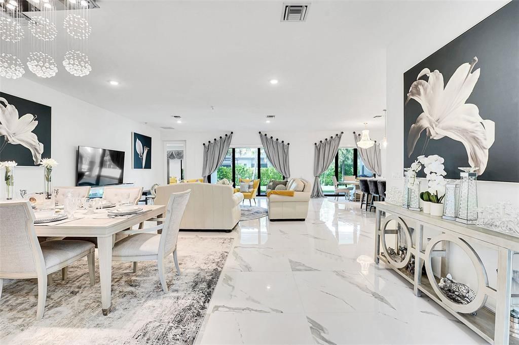 Dining room, Interior, Living room, Marble, Pendant Lights, Recessed Lighting