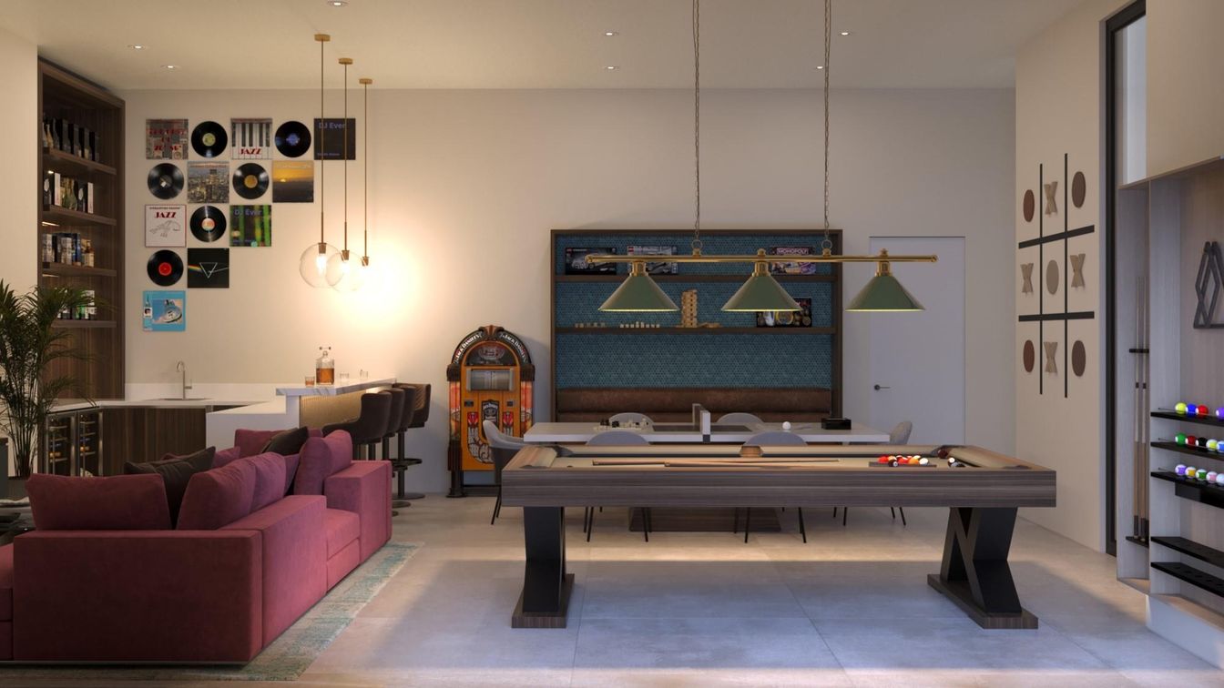 Billiard Table, Game Room, Interior, Pendant Lights, Recessed Lighting