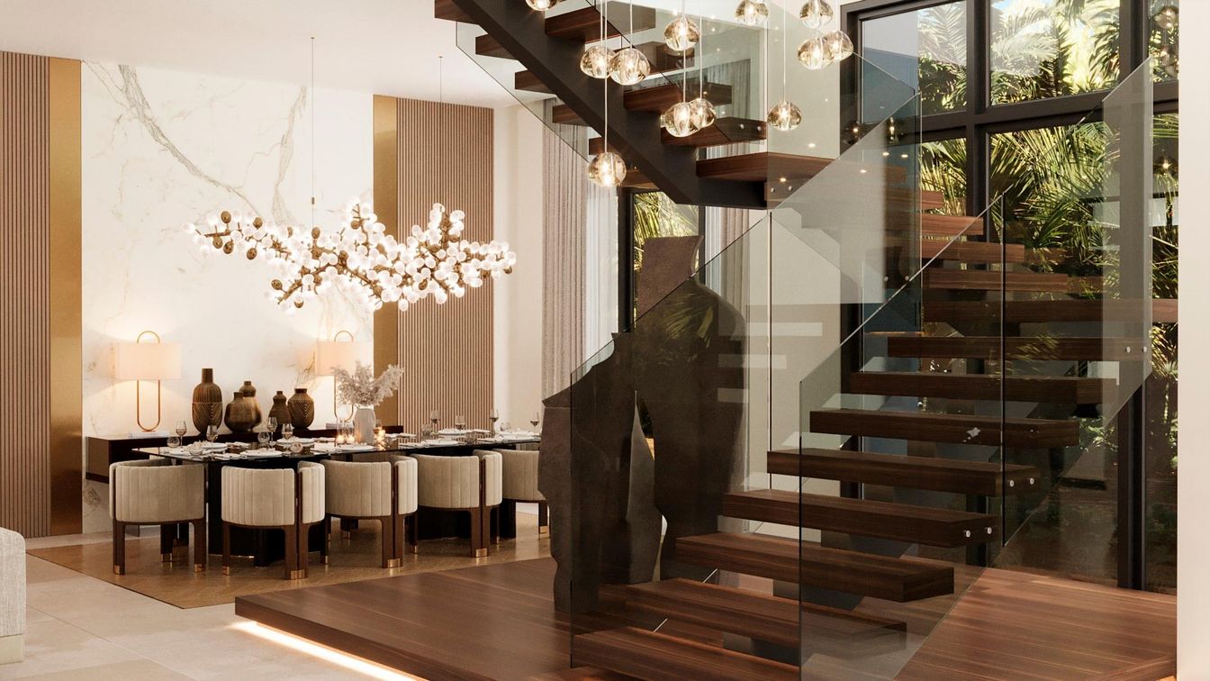 Dining room, Interior, Pendant Lights, Wood Texture Flooring