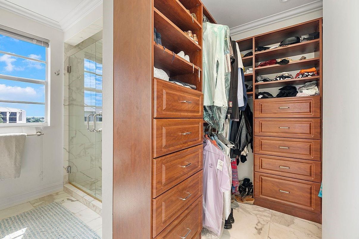 Bathroom, Glass Shower, Interior, Marble, Marble Walls, Walk-in Closets