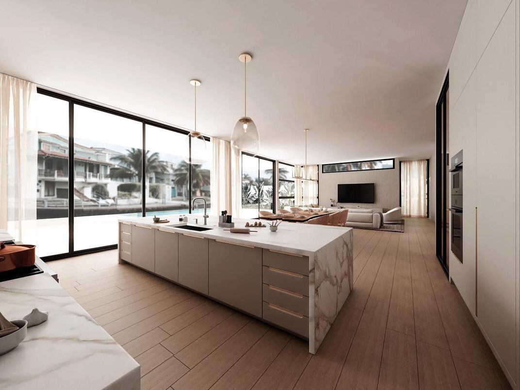 Interior, Kitchen, Pendant Lights, Water, Wood Texture Flooring