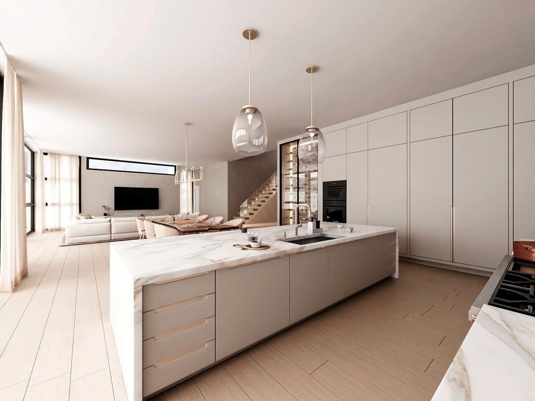 Interior, Kitchen, Living room, Pendant Lights, Wood Texture Flooring