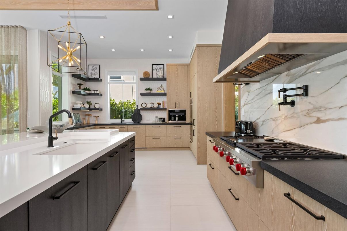 Interior, Kitchen, Marble Walls, Pendant Lights, Recessed Lighting, Stainless Steel Appliances