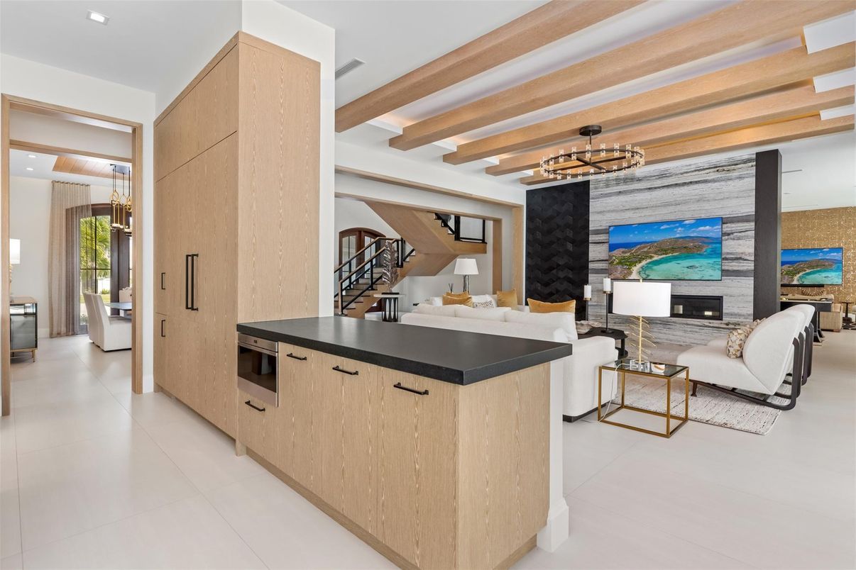Fireplace, Interior, Kitchen, Living room, Pendant Lights, Recessed Lighting, Stainless Steel Appliances, Wooden Beams