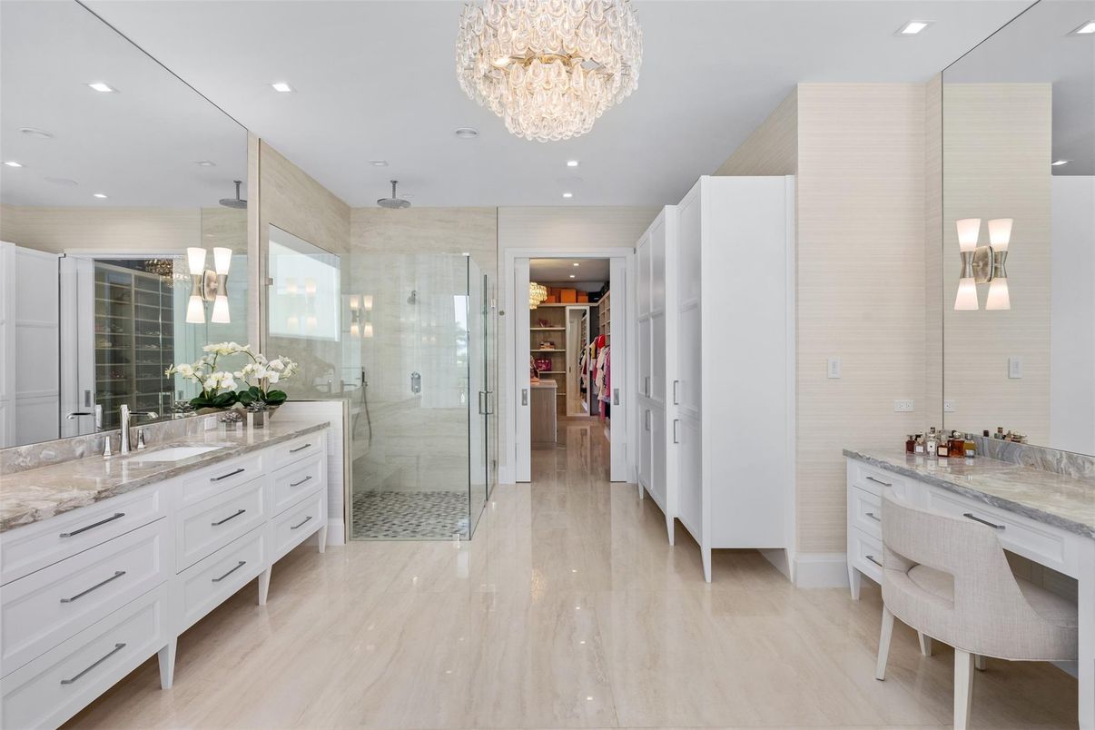 Bathroom, Chandelier, Dual Sink Vanities, Glass Shower, Interior, Marble, Recessed Lighting, Walk-in Closets