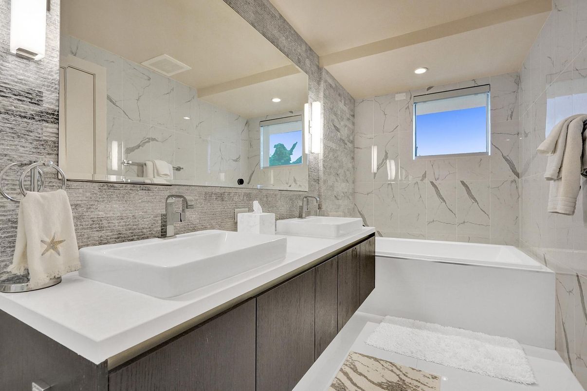 Bathroom, Dual Sink Vanities, Interior, Marble Walls, Recessed Lighting