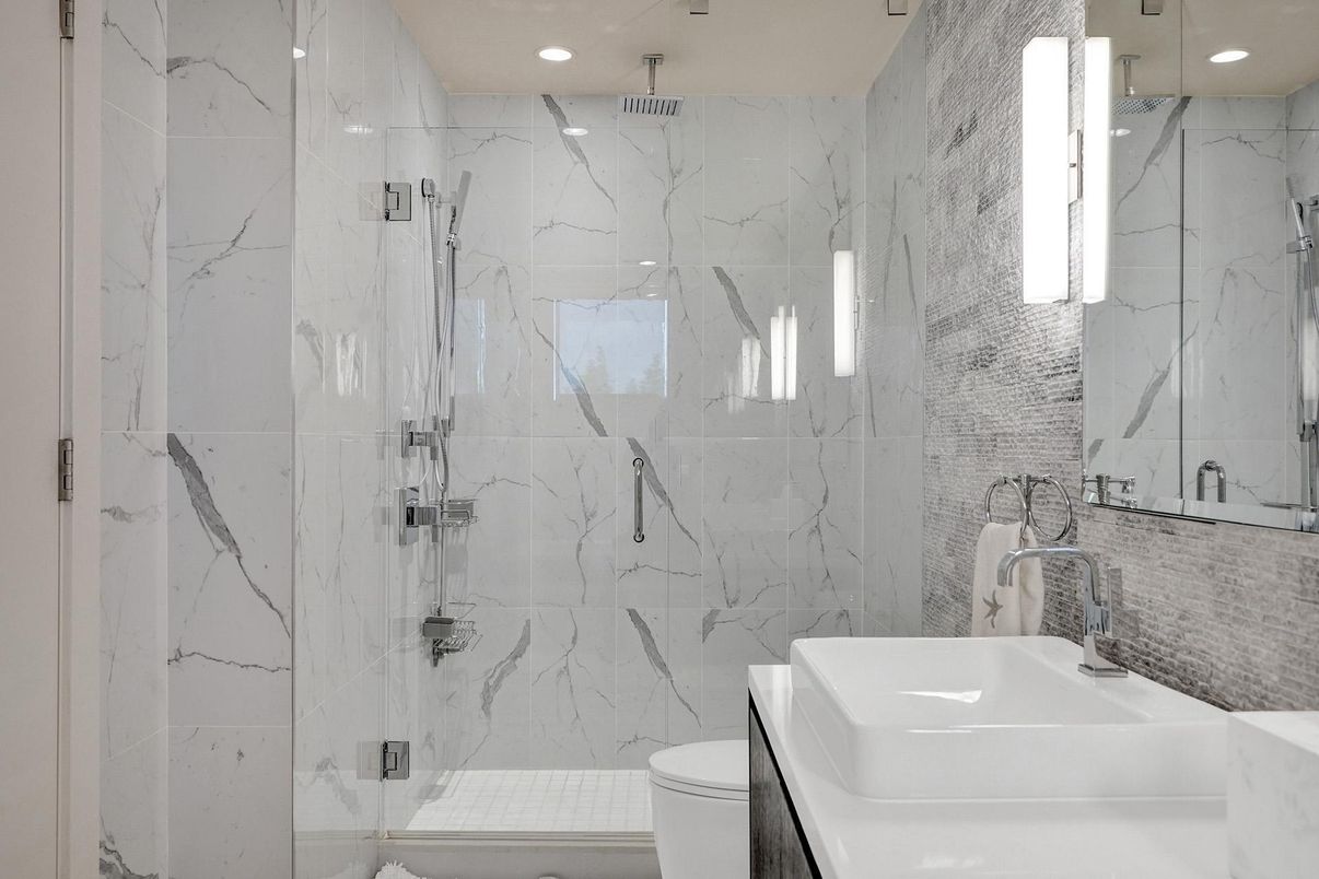 Bathroom, Glass Shower, Interior, Marble Walls, Recessed Lighting