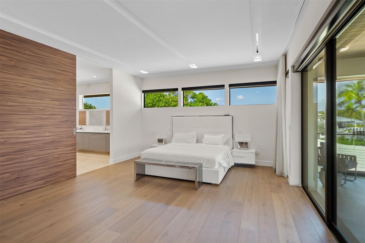 Bedroom, Interior, Recessed Lighting, Wood Texture Flooring, Wooden Walls