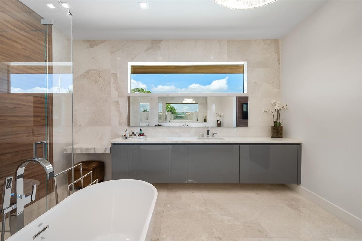 Bathroom, Dual Sink Vanities, Free Standing Baths, Glass Shower, Interior, Marble Walls