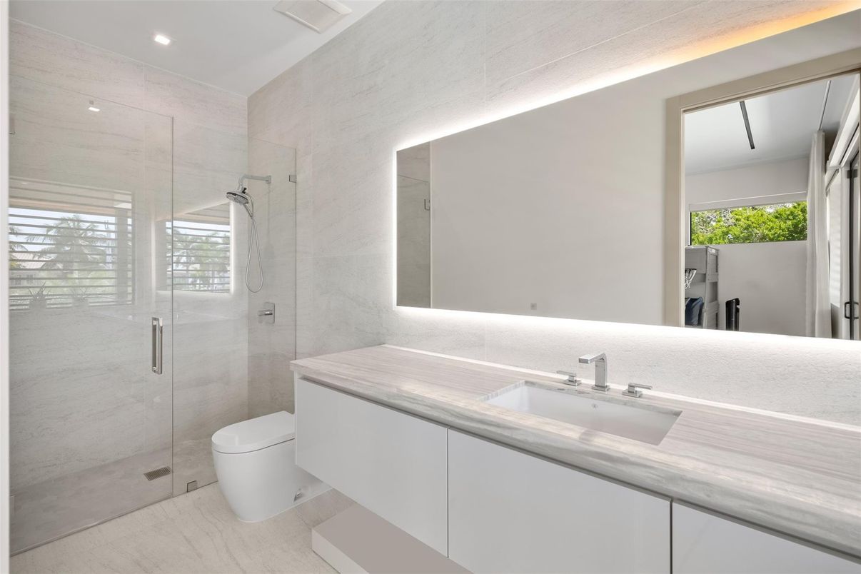 Bathroom, Glass Shower, Interior, Marble, Marble Walls, Recessed Lighting