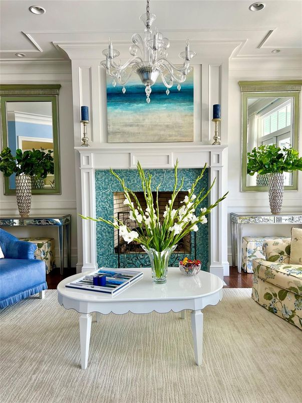 Chandelier, Fireplace, Interior, Recessed Lighting, Wood Texture Flooring