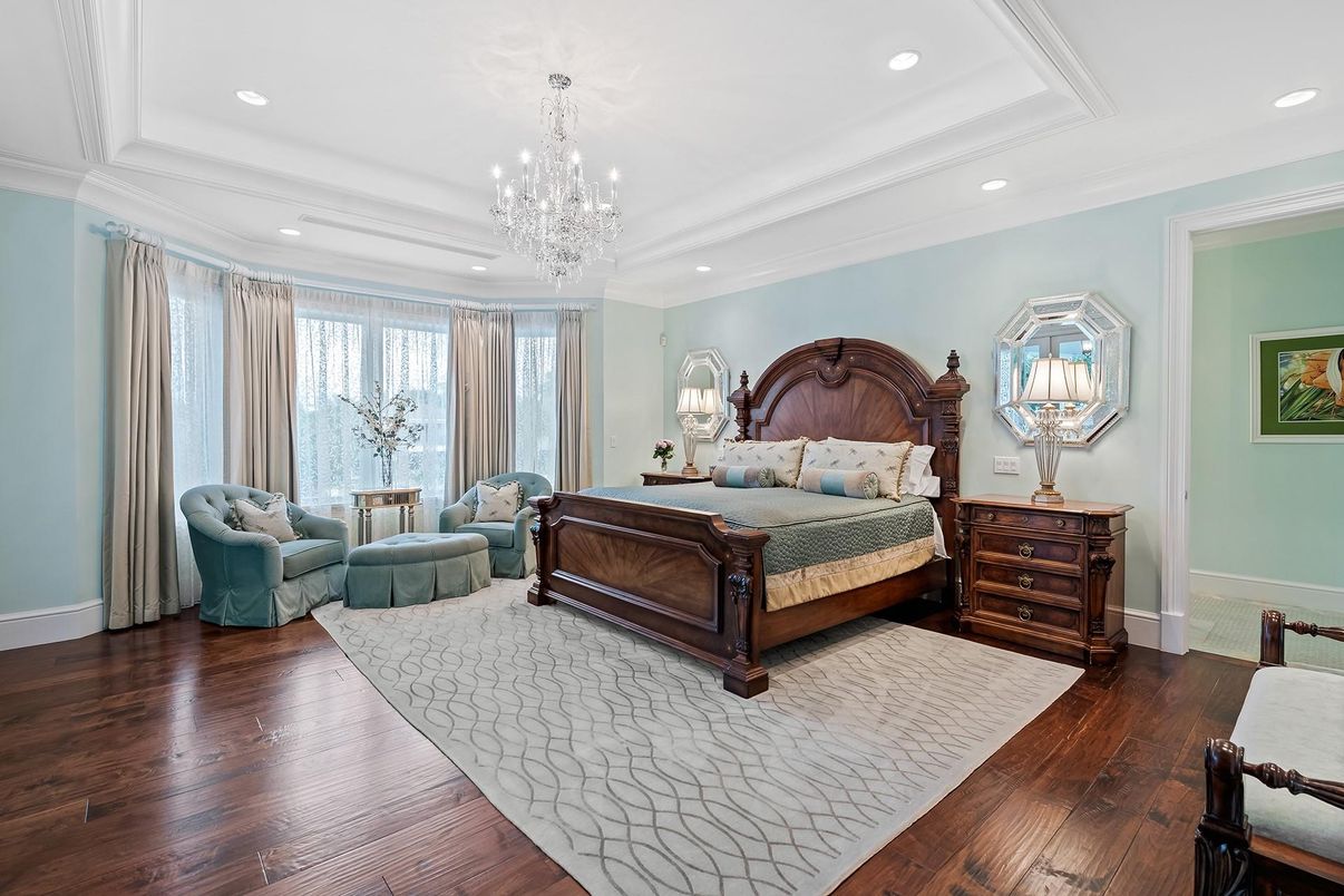 Bedroom, Chandelier, Interior, Recessed Lighting, Wood Texture Flooring