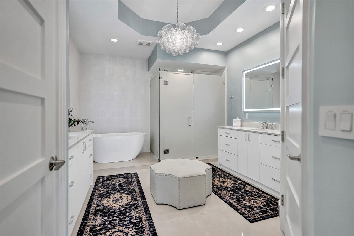 Bathroom, Dual Sink Vanities, Free Standing Baths, Interior, Pendant Lights, Recessed Lighting