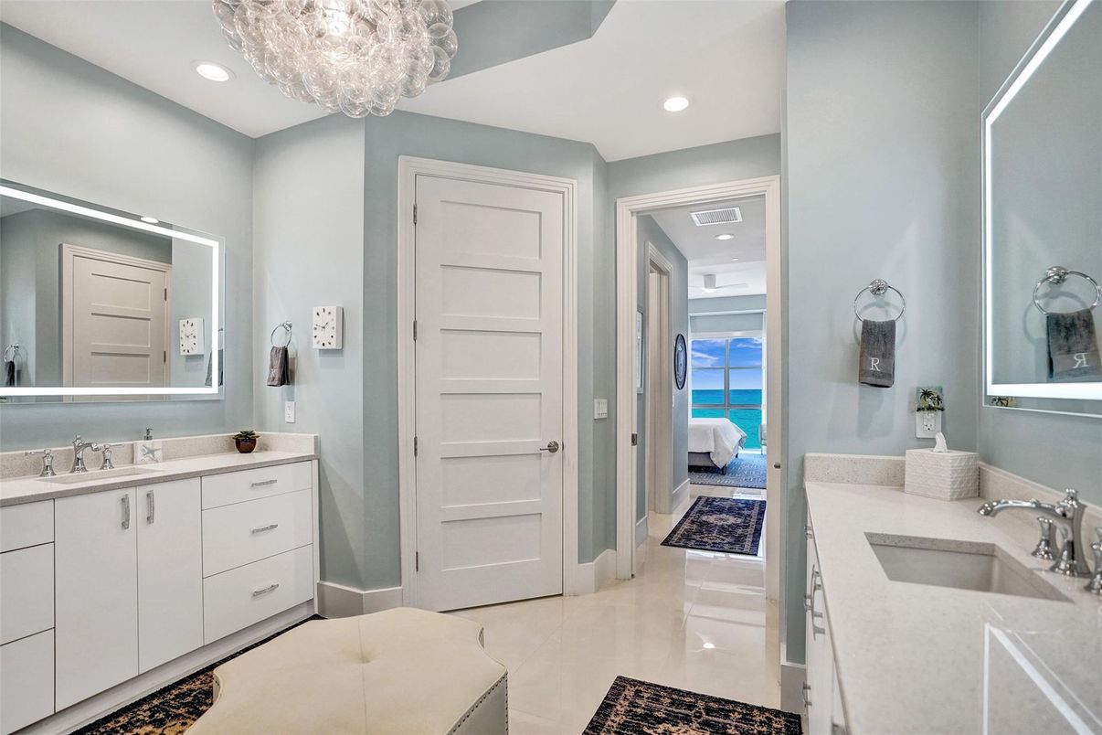 Bathroom, Chandelier, Dual Sink Vanities, Interior, Recessed Lighting, Water