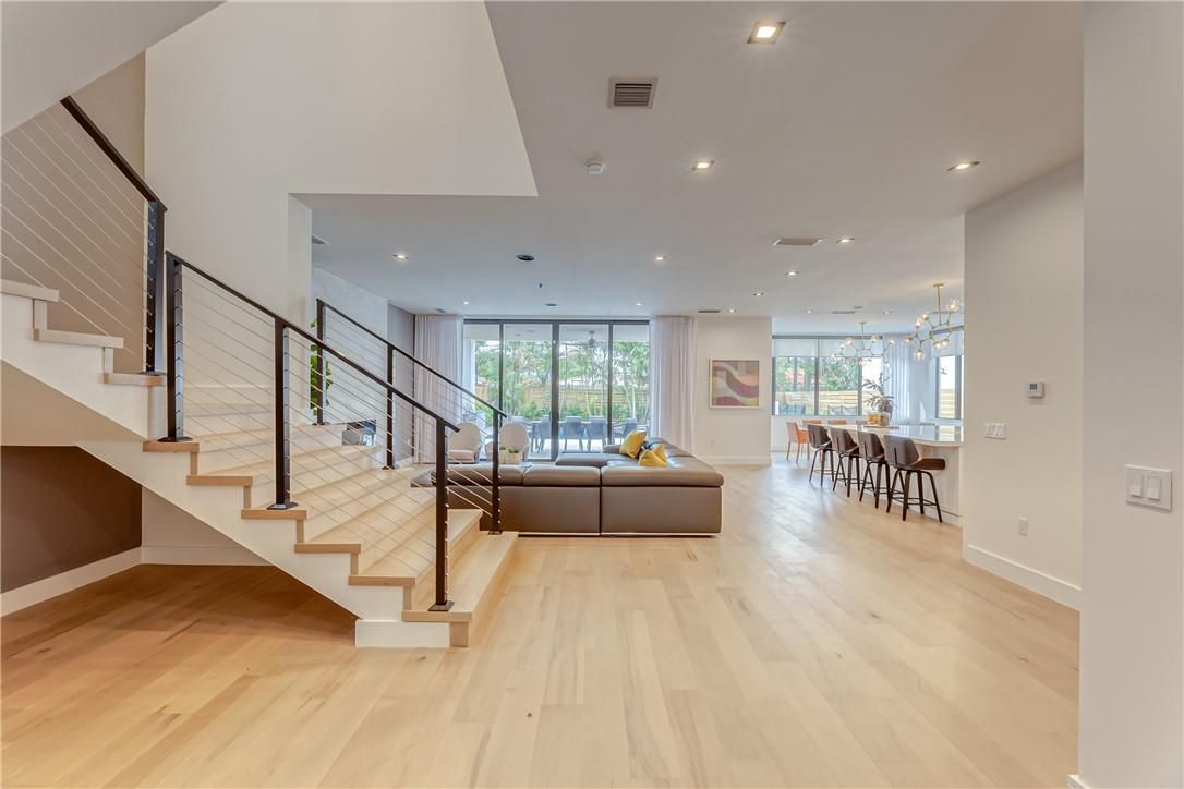 Dining room, Interior, Living room, Pendant Lights, Recessed Lighting, Wood Texture Flooring