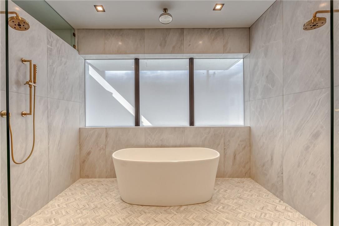 Bathroom, Free Standing Baths, Interior, Marble Walls, Recessed Lighting