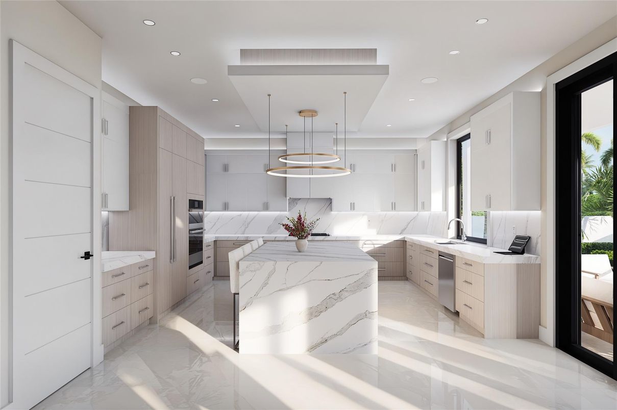 Interior, Kitchen, Marble, Pendant Lights, Recessed Lighting