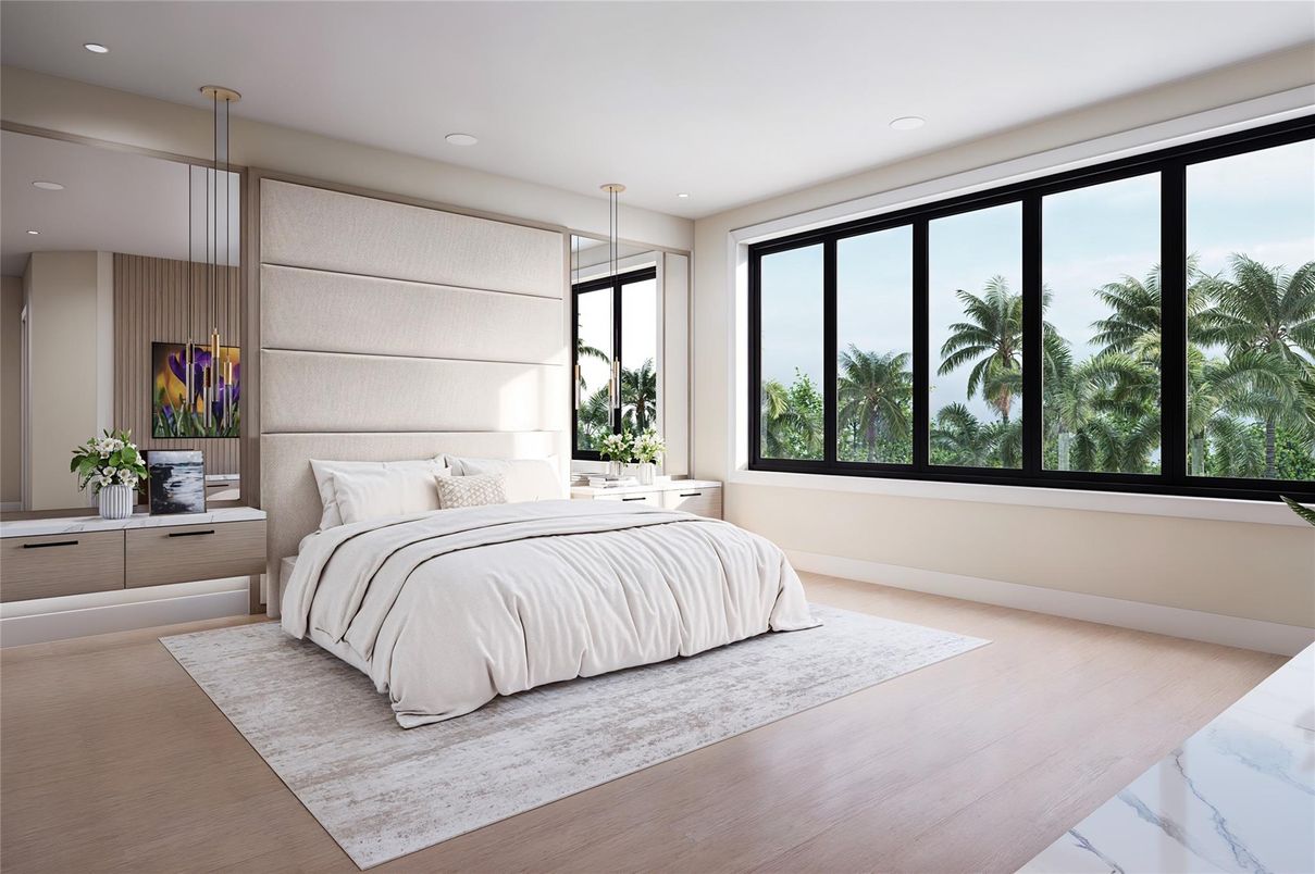 Bedroom, Interior, Pendant Lights, Recessed Lighting, Wood Texture Flooring
