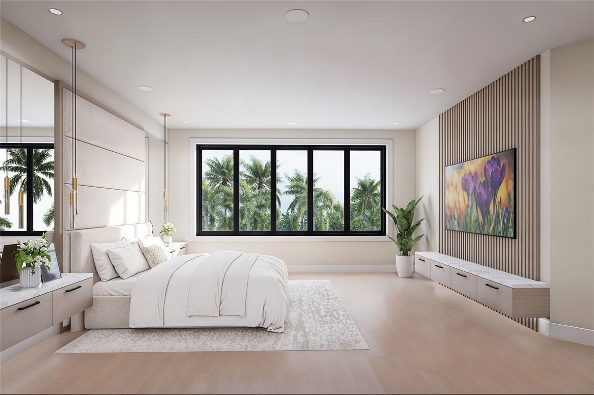 Bedroom, Interior, Pendant Lights, Recessed Lighting, Wood Texture Flooring