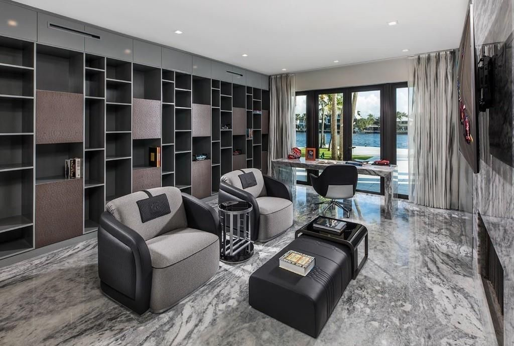 Home Office, Interior, Marble, Recessed Lighting, Water