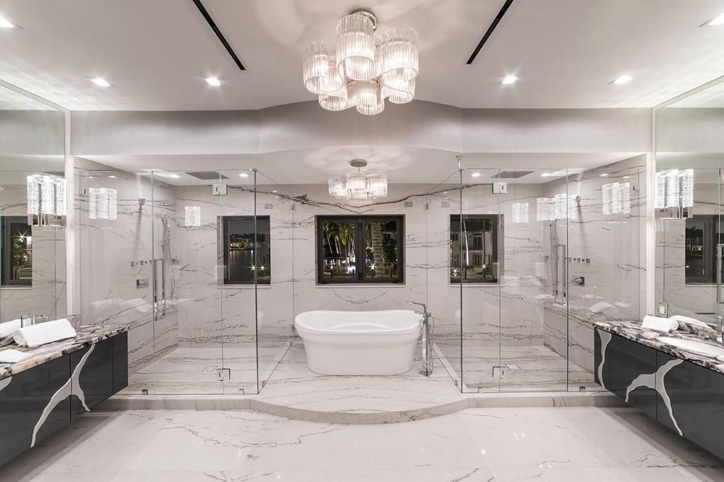 Bathroom, Chandelier, Free Standing Baths, Glass Shower, Interior, Marble, Marble Walls, Recessed Lighting