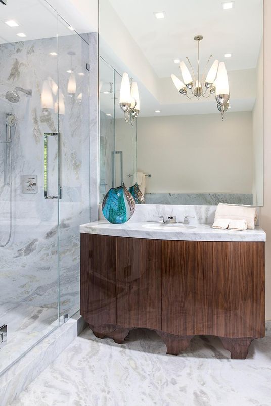 Bathroom, Chandelier, Glass Shower, Interior, Marble Walls, Recessed Lighting