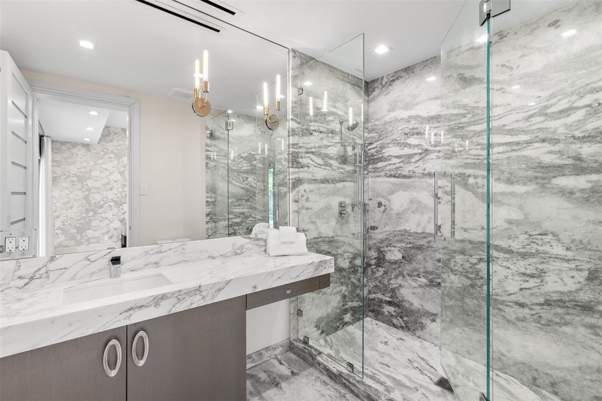 Bathroom, Glass Shower, Interior, Marble Walls, Recessed Lighting